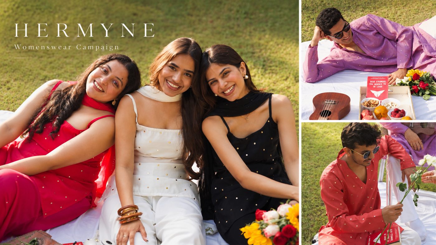Hermyne campaign: models in festive ethnic wear at a picnic