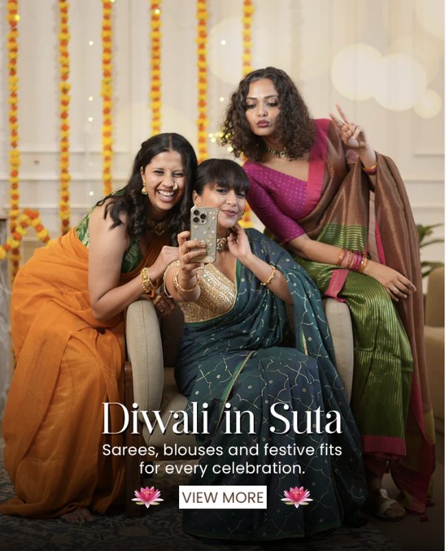 Suta Diwali campaign: three women in festive sarees